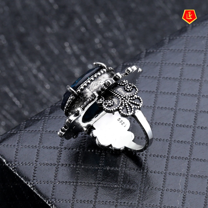 (Hàng Có Sẵn) Nhẫn Xi Mạ Bạc 925 Đính Đá Topaz Xanh Phong Cách Retro Âu Mỹ
