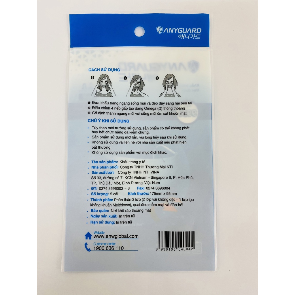 Combo 6 Túi Khẩu Trang ANYGUARD Hàn Quốc 3 Lớp Chính Hãng Cho Người Lớn - Lọc 99% Vi Khuẩn (30 Chiếc) - Màu Xanh