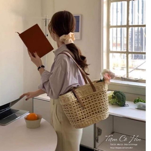 Túi xách cói vintage size to Tiệm Cô Hìn vai siêu tiện lợi ship 1h lỗi 1 đổi 1
