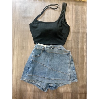 Set áo dây bắt chéo croptop có mút ngực và chân váy jean đắp chéo