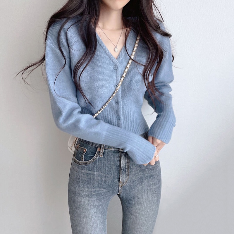ZHELIHANGFEI Áo Khoác Cardigan Dệt Kim Cổ Tim Xinh Xắn Cho Nữ