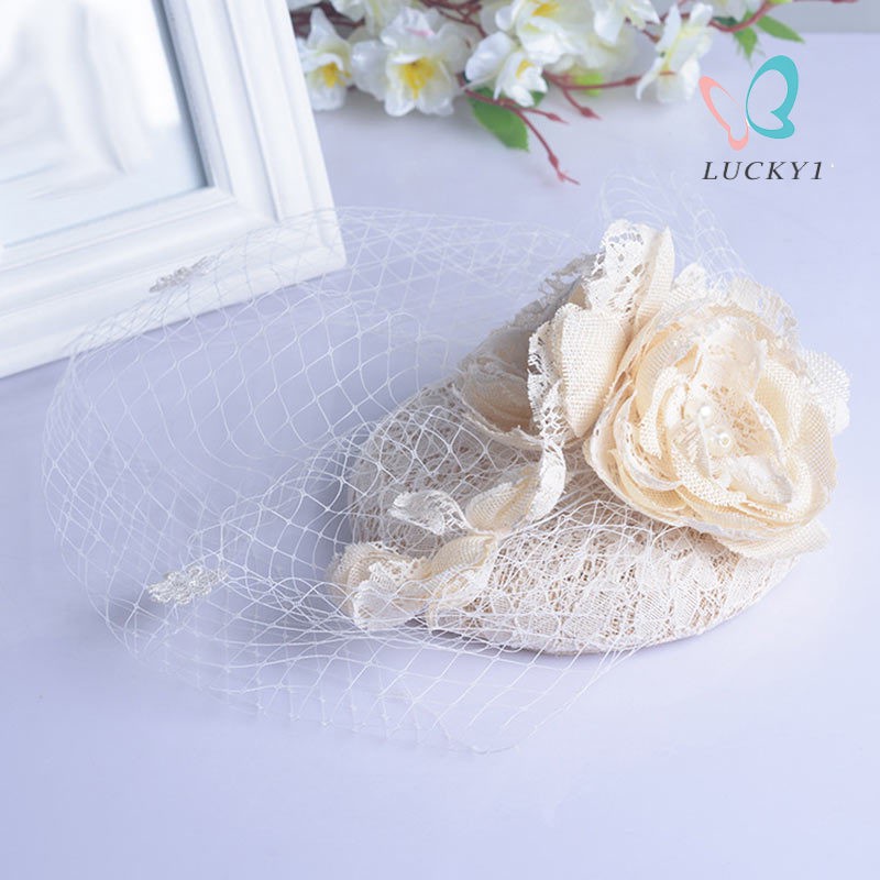 Mũ lưới cô dâu có mạng che mặt hoạ tiết hoa và lông vũ