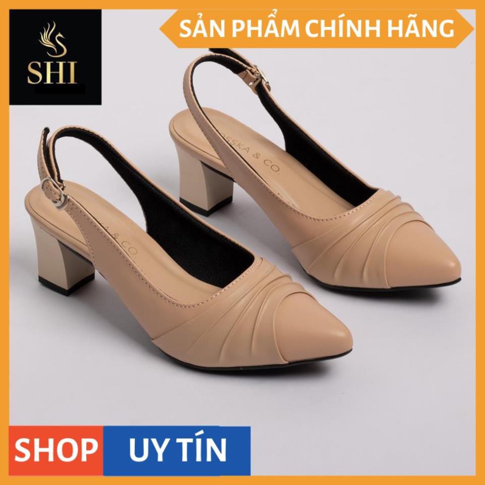 Giày cao gót Erosska thời trang mũi nhọn phối dây quai mảnh hở gót họa tiết đơn giản cao 5cm màu nude _ EH029 | WebRaoVat - webraovat.net.vn