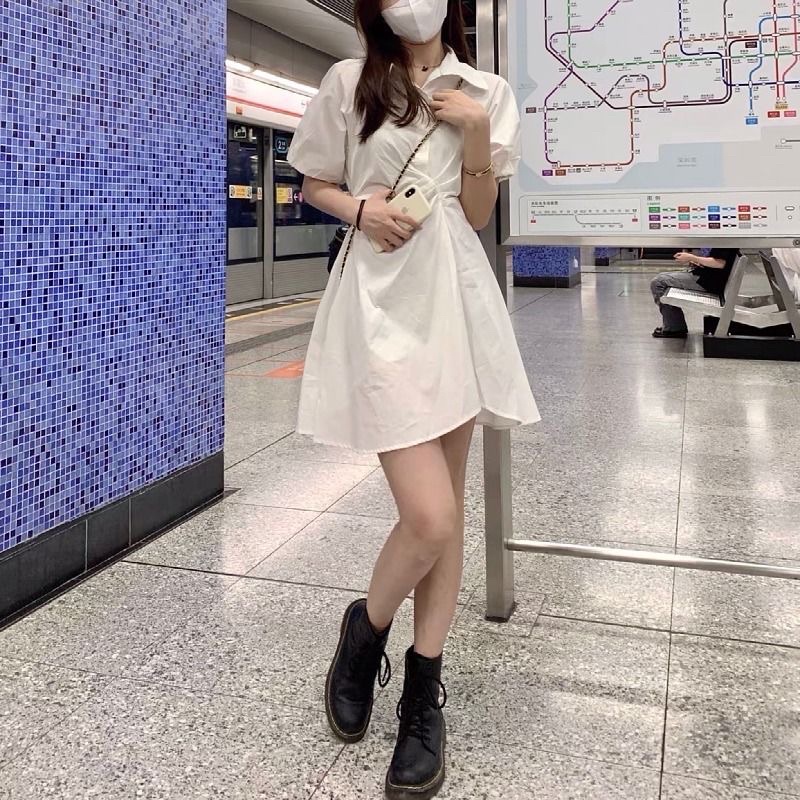 Đầm sơ mi xoắn eo váy xếp ly chất thô dáng lỡ có chun lưng đi làm, đi học hottrend ulzzang hàn quốc (có sẵn/ảnh thật)