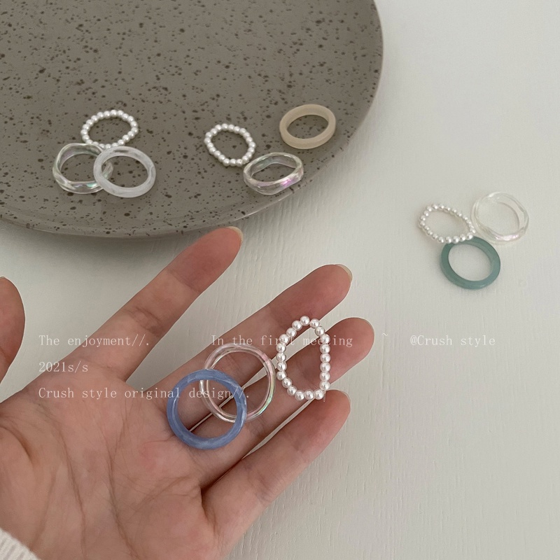 Set 3 Nhẫn Đính Ngọc Trai Nhựa Nhiều Màu Thời Trang