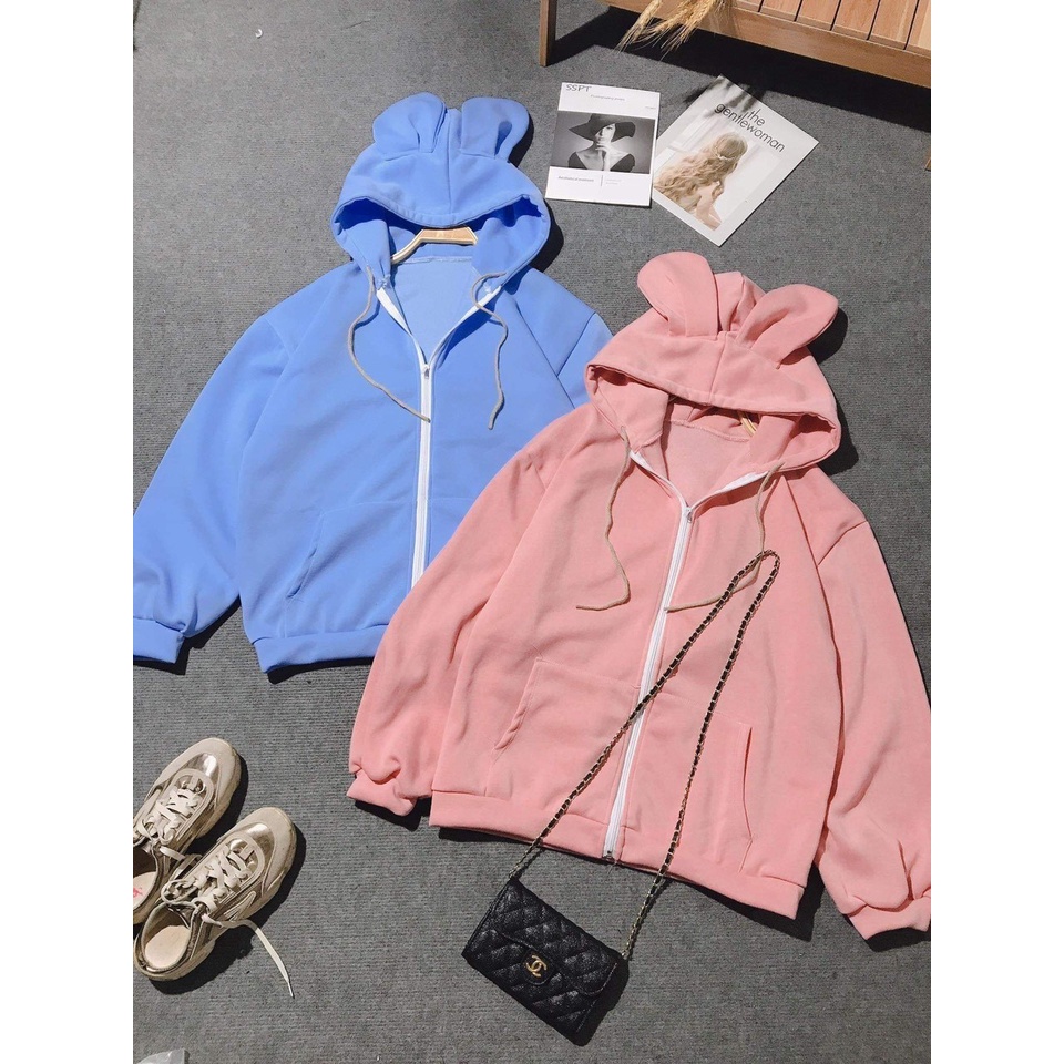 [ SẴN HÀNG ] Áo Khoác Nữ Tai Thỏ GẤU- Chất Vải Nỉ Cotton From Rộng Unisex Nón 2 Lớp