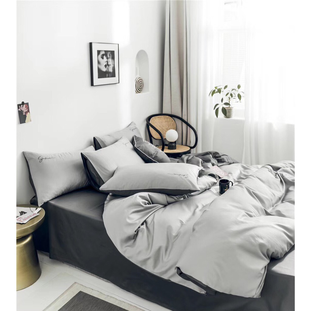 Bộ Chăn Ga Gối Lụa LIDACO cotton lụa trơn sợi vải 60s - Xám Nhạt Phối Màu