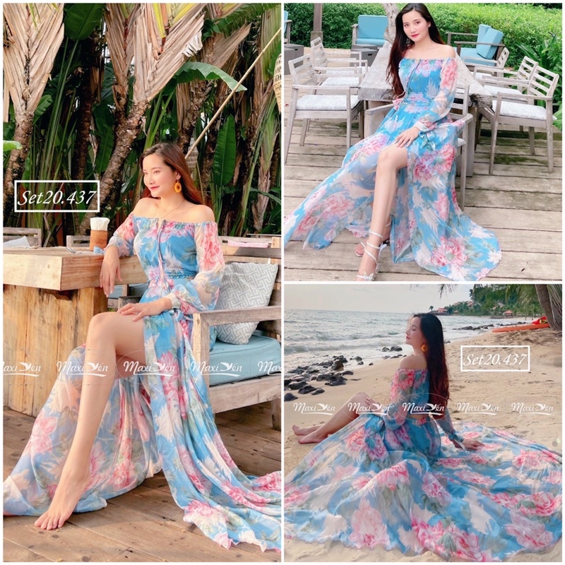 🦋 Video ảnh thật Set váy maxi hoa xanh trễ vai tay dài chân váy xẻ đùi set maxi dài đi biển đẹp Set20.437 Maxi Yến