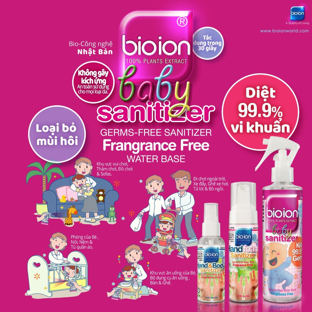 Chai Xịt BIOION BABY GERM -FREE SANITIZER - Sạch Vi Khuẩn, Không Cồn, Không Mùi Hương Cho Em Bé 250ML