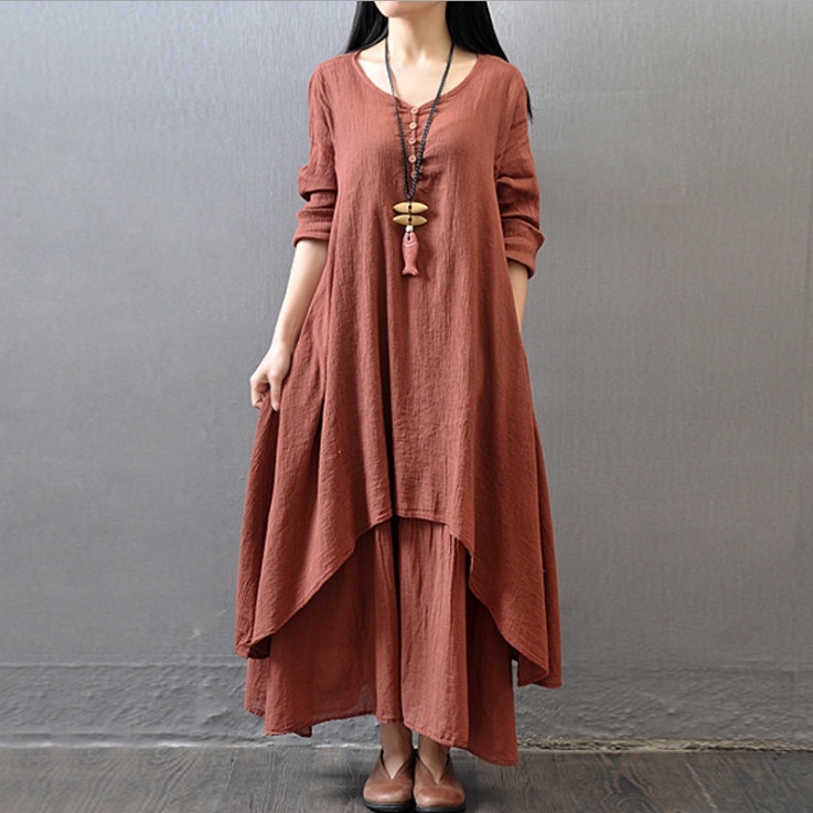 Plus size phụ nữ dài tay áo vải lanh trắng đi biển váy maxi dài phụ nữ