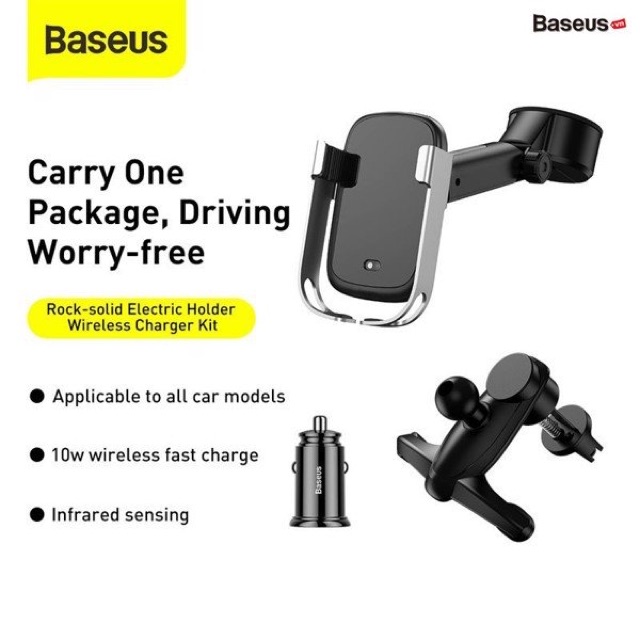 Bộ giá đỡ điện thoại gắn kính hoặc táp lô tích hợp sạc nhanh không dây dùng trên xe hơi Baseus Rock-Solid Electric