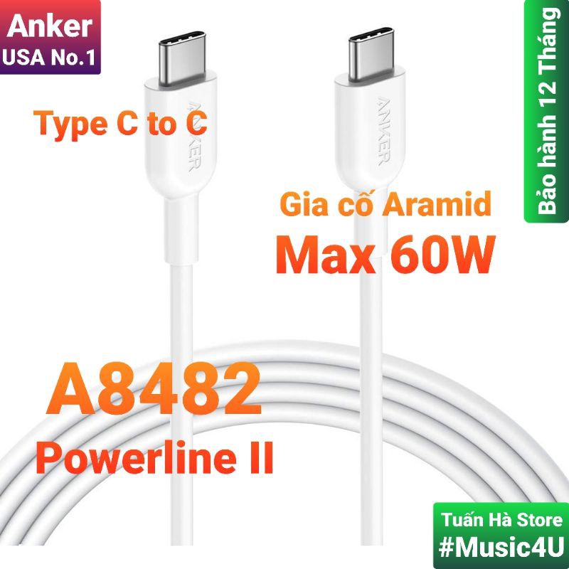 Cáp sạc nhanh Anker Powerline II USB C ra USB C 2.0 PD Max 60W, 1.8m A8482 cho Samsung, Ipad, Macbook, Laptop [Music4U]