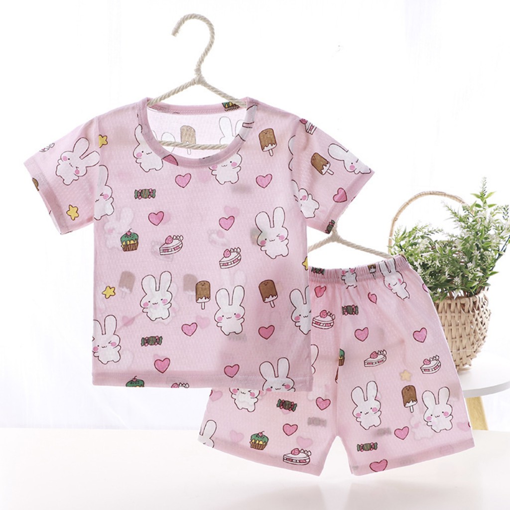 Bộ quần áo bé gái tay cộc chất liệu cotton sợi tre siêu mát in hình dễ thương phong cách Hàn Quốc Rhino Kids