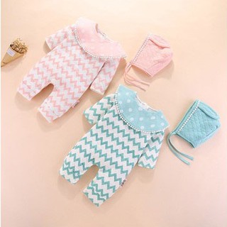Set Body ziczac trần bông kèm mũ tai thỏ đầy tháng/thôi nôi bé gái 0-12m SS33