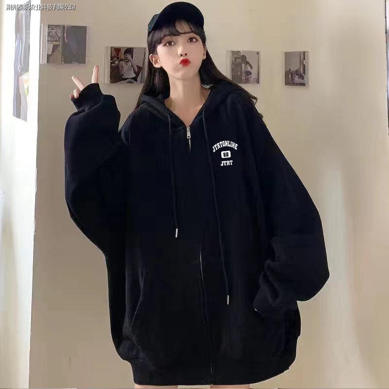 Áo khoác hoodie vải nỉ mỏng dáng rộng có khóa kéo thời trang mùa thu cho nữ 200 Jin mm