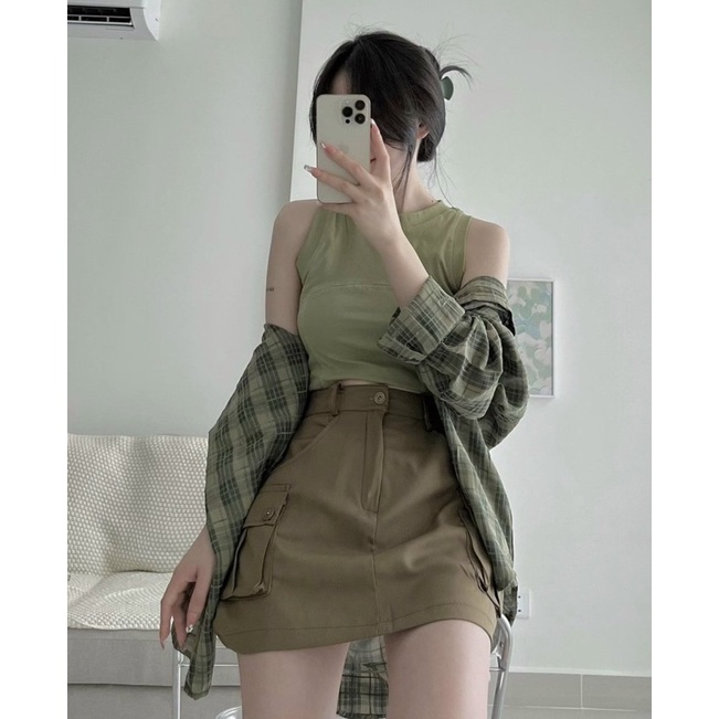 SET 3 MÓN XANH: KHOÁC SƠ MI KẺ + PULL 3 LỖ + CHÂN VÁY KAKI