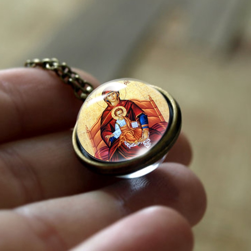 Vòng cổ Mặt Kính Cabochon Hai Mặt Hình Đức Mẹ Jesus Christ