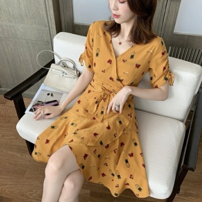 Đầm Midi Chữ A Tay Ngắn Cổ Chữ V Phối Bèo Chiết Eo Họa Tiết Trái Cây Phong Cách Hàn Quốc Size M-2xl Cho Nữ