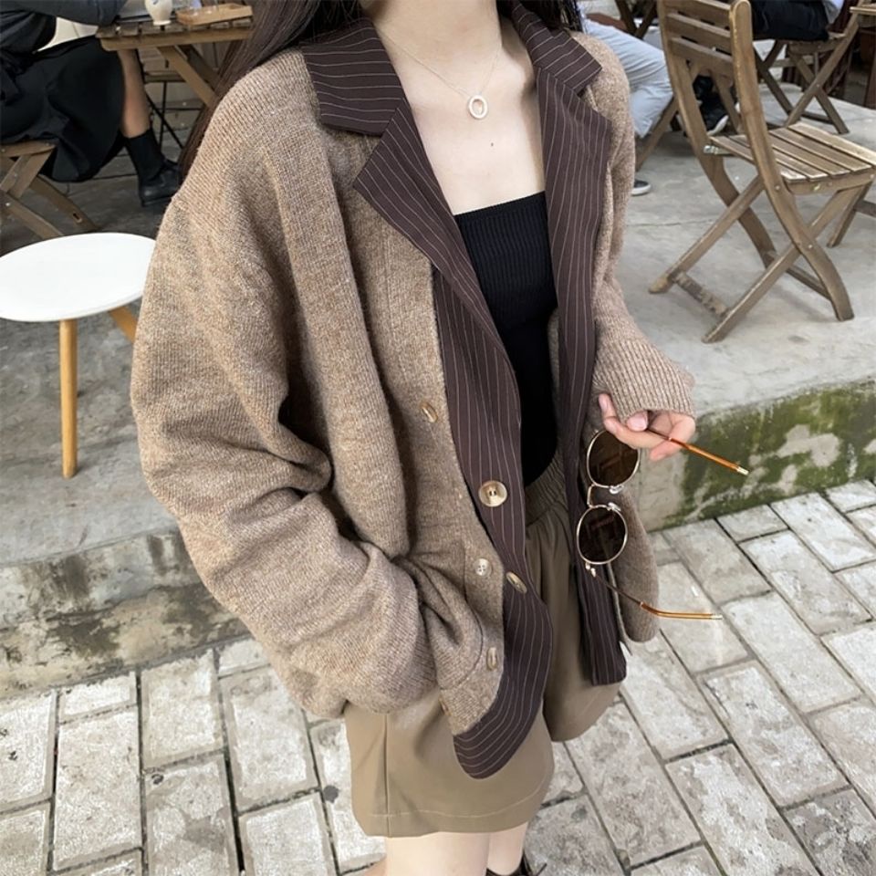 Áo Khoác Cardigan Giả Hai Lớp Dáng Rộng Thời Trang Xuân Thu Cho Nữ