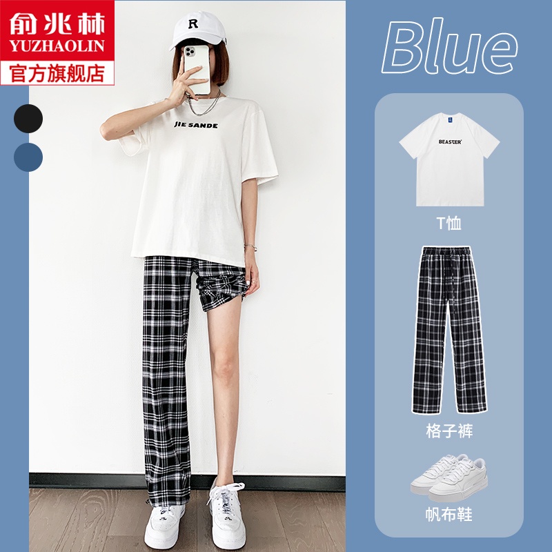 Quần dài lưng cao ống rộng kẻ sọc ca rô trắng đen cá tính