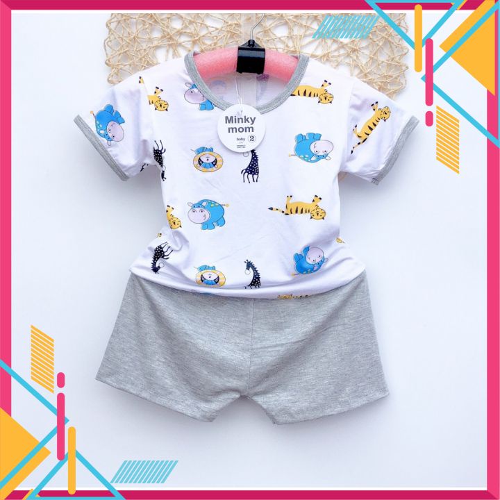 Bộ ngắn tay thun lạnh minkymom phối viền quần trơn 5 màu họa tiết ngộ nghĩnh cho bé