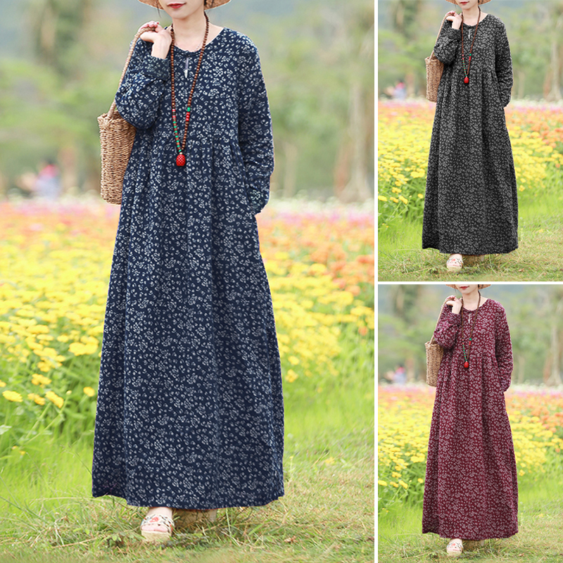 Đầm Maxi ZANZEA Tay Dài Họa Tiết Hoa Phong Cách Vintage Thời Trang Nữ