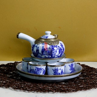 THƯỞNG TRÀ SANG TRỌNG với bộ ấm pha trà men lam bọc đồng vẽ trúc lâm, bộ ấm chén pha trà, bộ ấm chén trà, bộ ấm chén trà