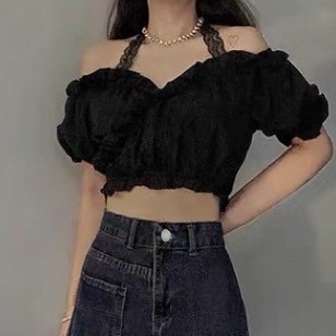 Áo kiểu croptop nữ đắp chéo phối ren, áo trễ vai tay phồng cổ bèo cá tính