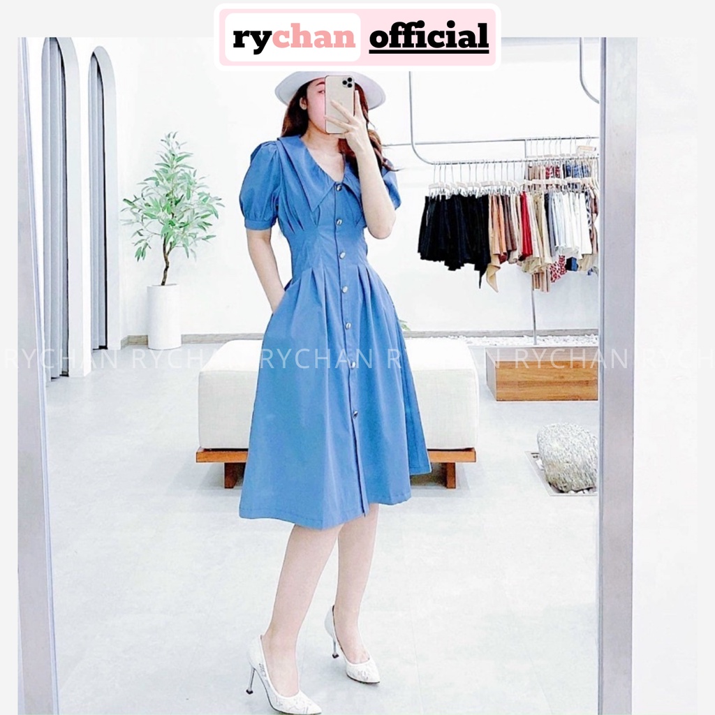 Đầm Nữ Dự Tiệc Dáng Sơ Mi Tay Ngắn Phồng Xếp Li Eo Tôn Dáng Cực Màu Xanh Vàng - DX9791