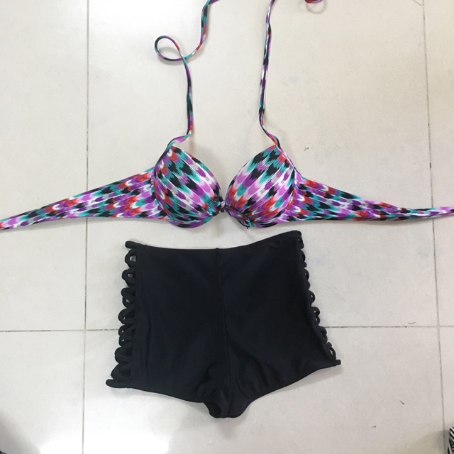 Set bikini áo gọng hoạ tiết tím hottrend