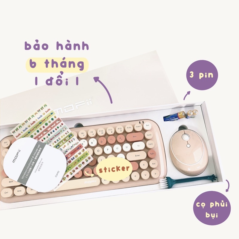 Bộ Bàn Phím Chuột Tròn Giả Cơ Không Dây Candy Mofii Dễ Thương - Tặng kèm stickers