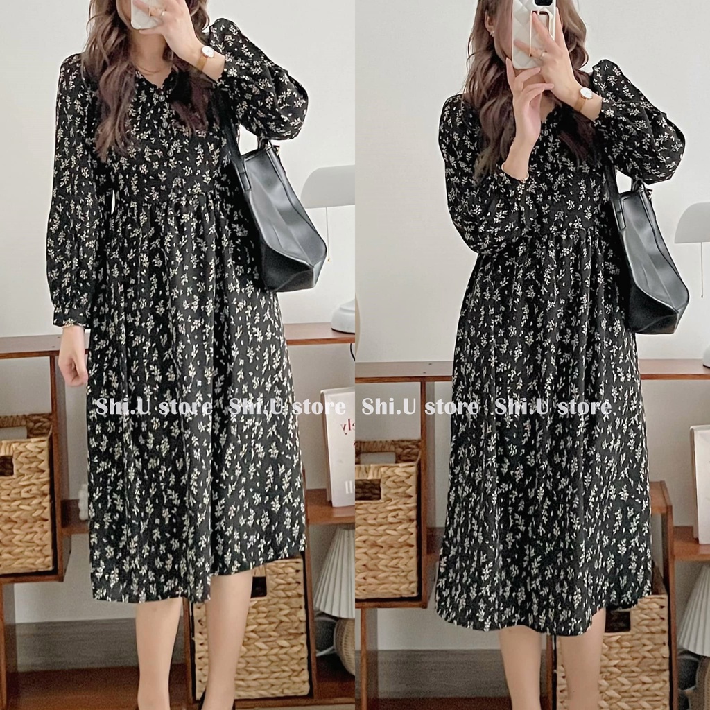 Váy babydoll hoa nhí dài tay dáng dài cổ V tay bồng chất lụa mát 2 lớp ulzzang