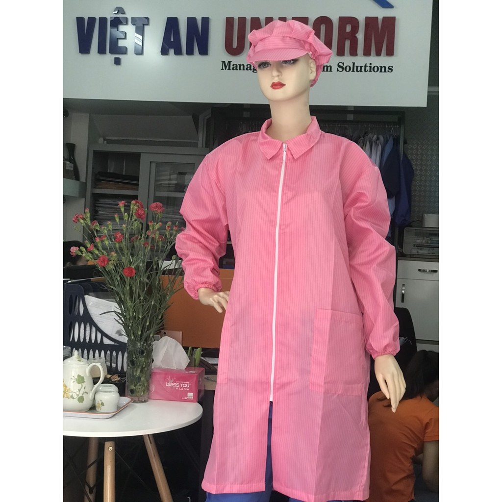 Combo Nón kết và Áo Blouse Phòng sạch chống tĩnh điện tay dài cổ bẻ hoặc cổ trụ.