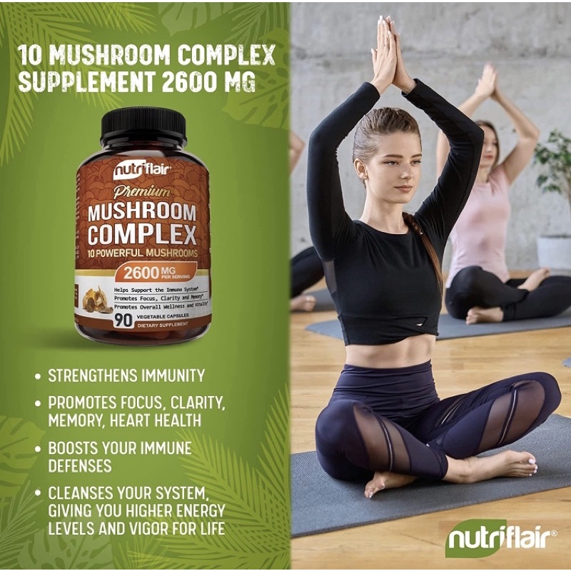 Viên uống thuần chay chiết xuất 10 loại nấm NutriFlair Mushroom Supplement 2600mg 90v USA