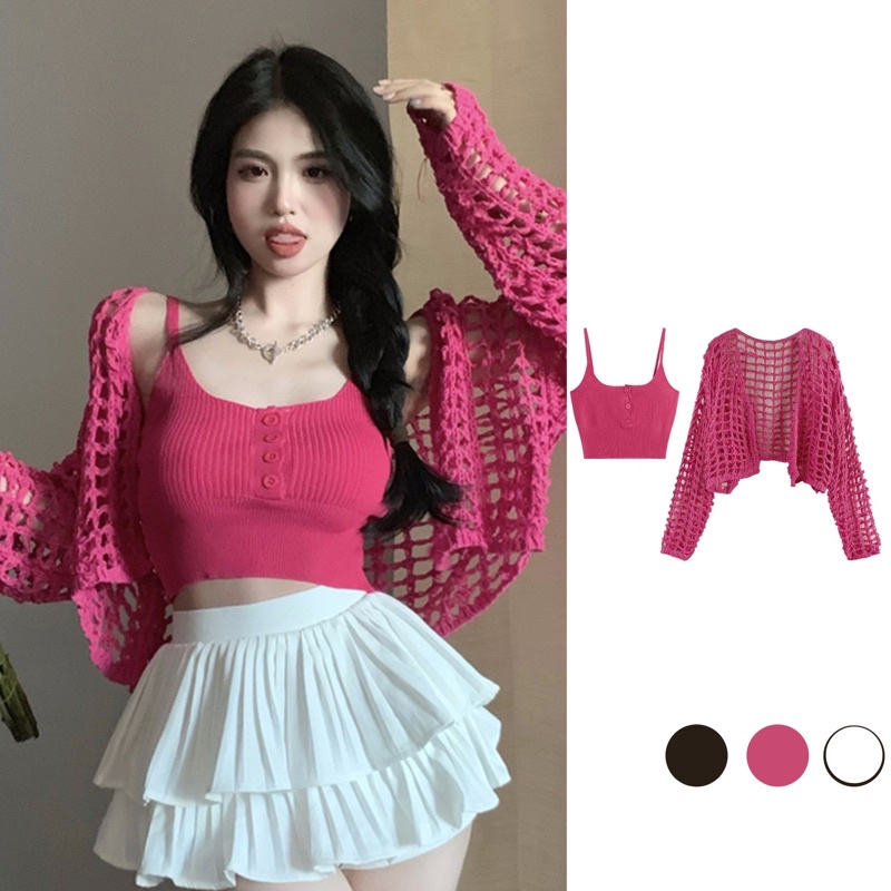 {Kèm Ảnh Thật} set áo len dệt kim lưới mix áo ba lỗ khuy