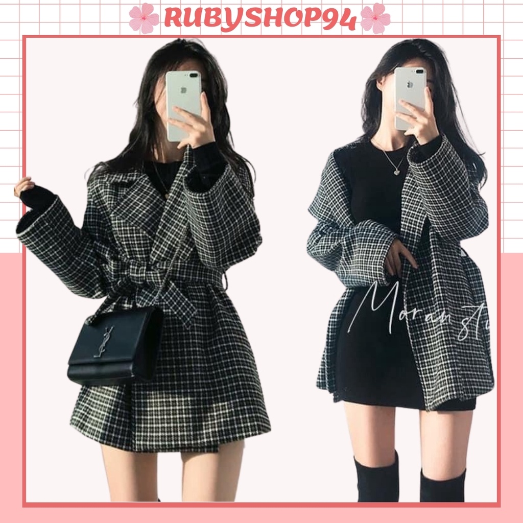 Áo Blazer nữ 2 lớp tay dài Hàn Quốc khoác ngoài đẹp, Áo vest nữ dạ kẻ caro kèm đai cực xinh