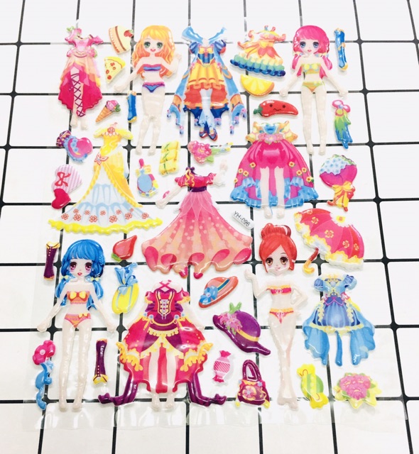 Bộ Sticker váy áo hình dán nổi thay cho búp bê đáng yêu