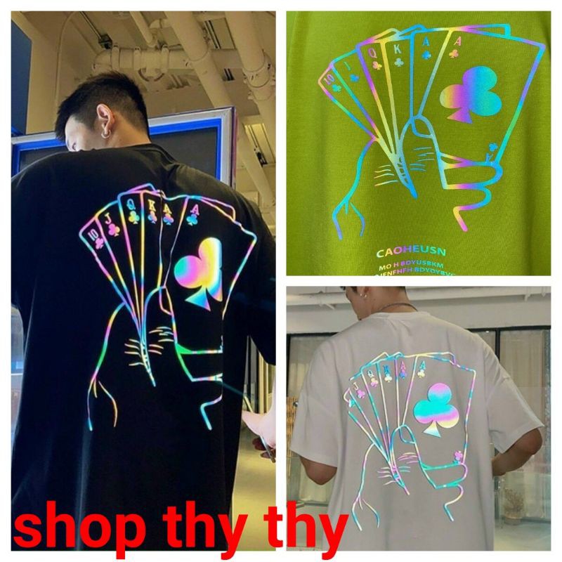 Áo thun phông tay lỡ unisex, in hình Lá Bài phản quang form rộng