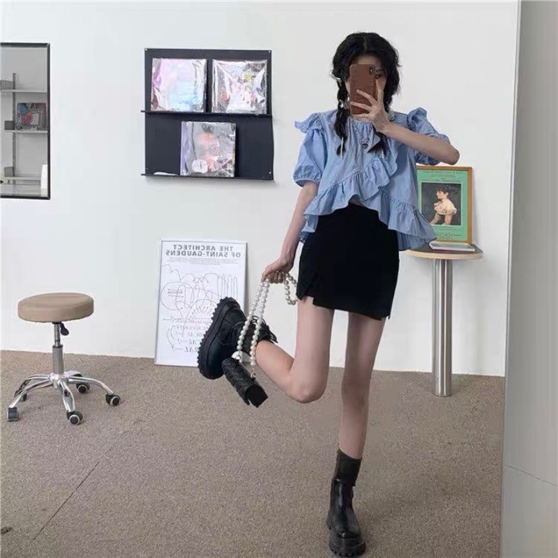 Áo thô bèo vạt chéo ngắn tay Ulzzang style  Hàng quảng Châu