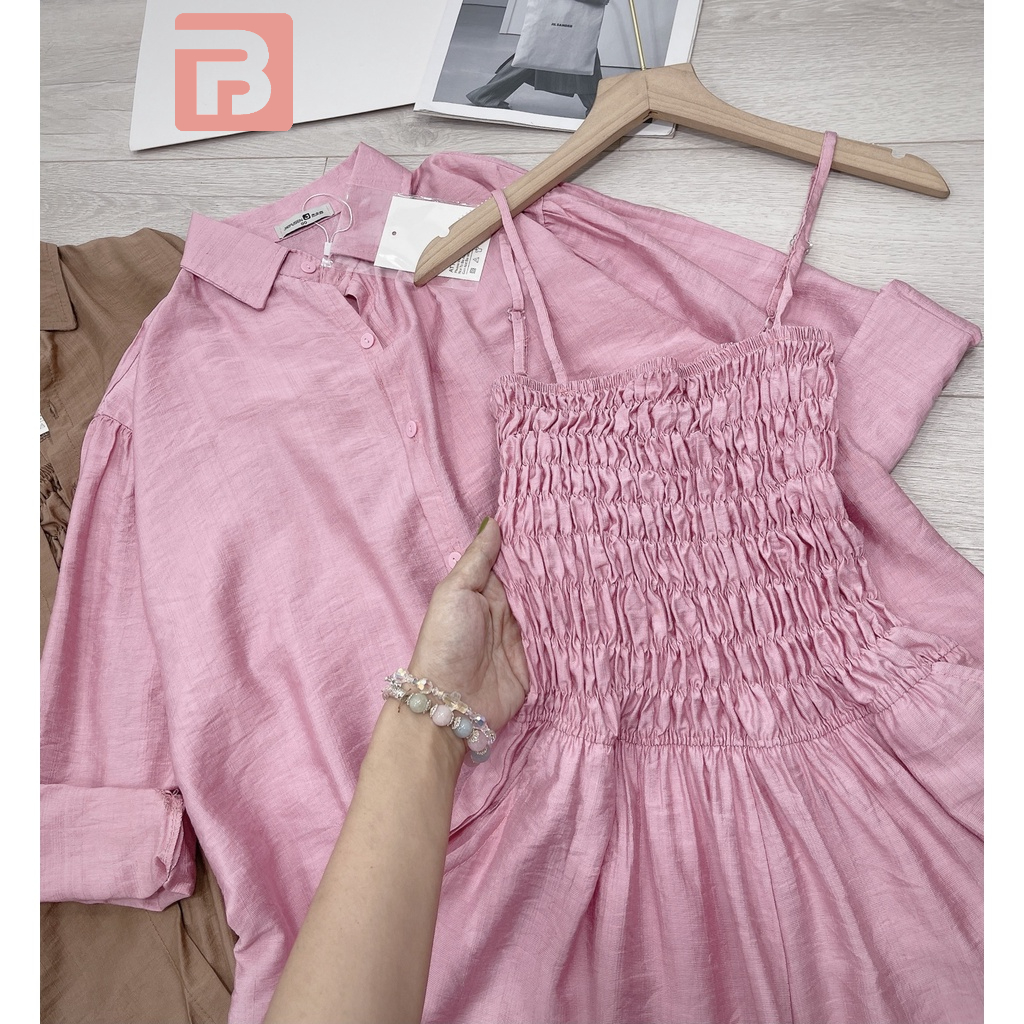 Set bộ 2 dây rúm jumsuit kèm áo sơ mi ngoài QA075