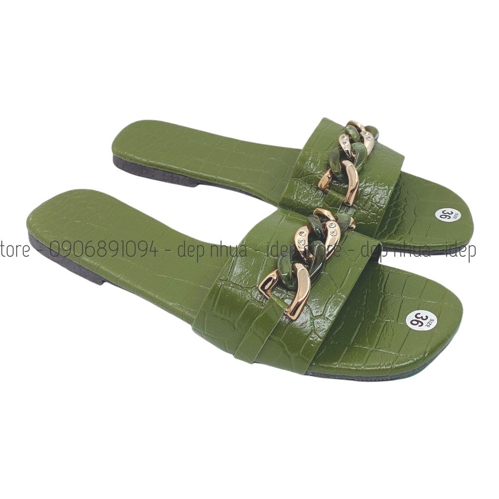 Dép lê nữ thời trang bệt bản ngang gắn móc xích thời trang iDép- DL145