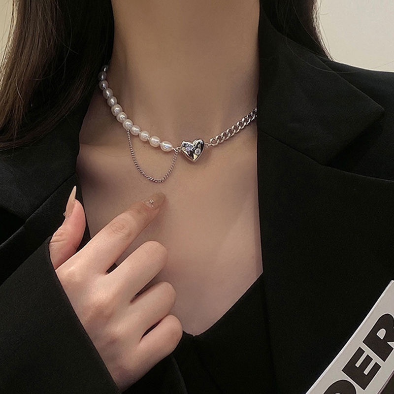 Vòng cổ bạc mặt trái tim xỏ ngọc trai nhân tạo thời trang cho nữ