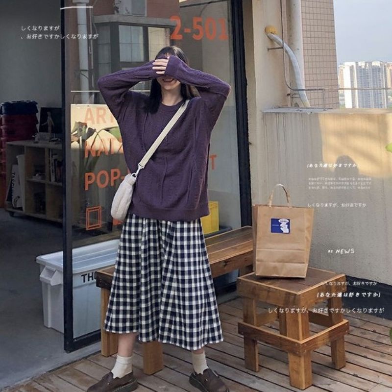 Chân váy caro xanh đậm vintage DV040