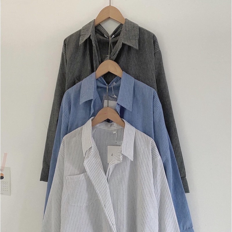 Áo sơ mi kẻ nữ vạt chéo tay dài from rộng - ảnh thật