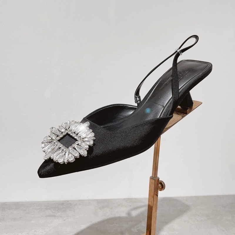 Sục nữ cao gót phối đá satin ca kiểu nhẹ nhàng tiểu thư Kchie.chie Boutique giày bệt nữ mũi nhọn slingback kiểu bánh bèo