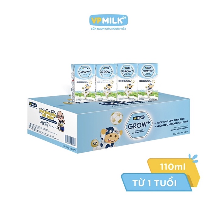 [Thùng 48 hộp 110ml] Sữa Tiệt Trùng VPMilk Grow+ Vị Dâu, Vị Chuối - Sữa Tươi Có Đường Hộp Giấy Uống Liền 110ml