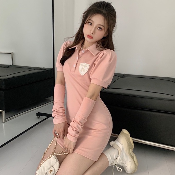 Đầm Ngắn Ôm Eo Tay Phồng Cổ Polo Thời Trang Mùa Hè Dành Cho Nữ