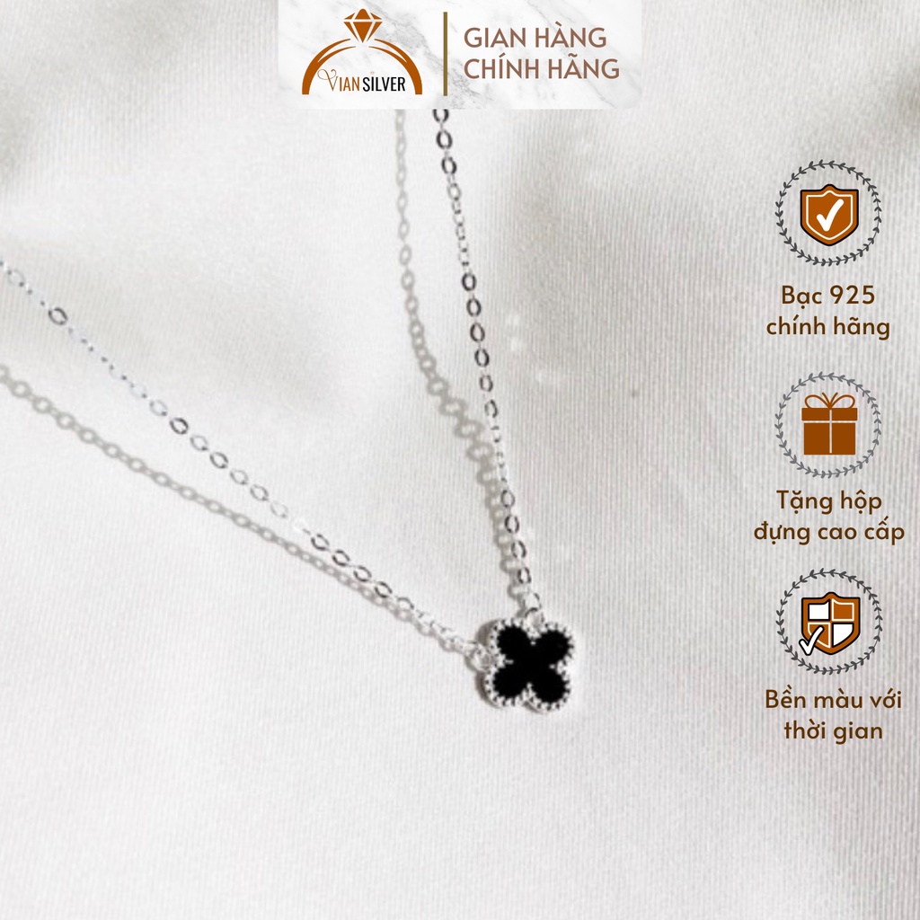 Dây Chuyền Bạc Vian Silver Mặt Cỏ 4 Lá Coler Necklace, Vòng Cổ Đính Đá Đen Sang Trọng Phụ Kiện Trang Sức Phái Nữ