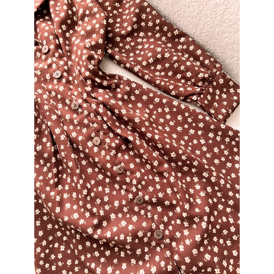 Đầm midi hoa nhí nâu tây vintage tay phồng dài NÀNG CLOSET