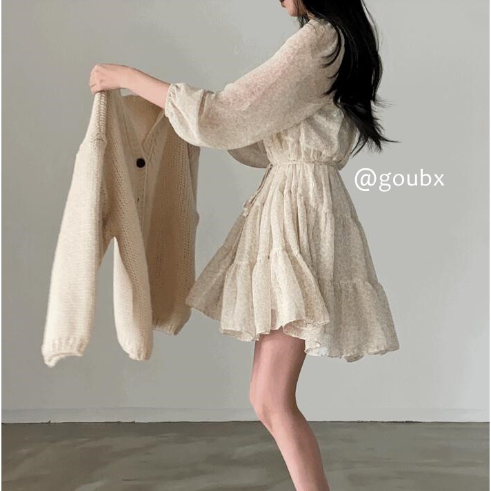 (ODRER) Váy voan hoa nhí thắt eo xòe ngắn nhún bèo xếp ly vintage điệu đà tiểu thư